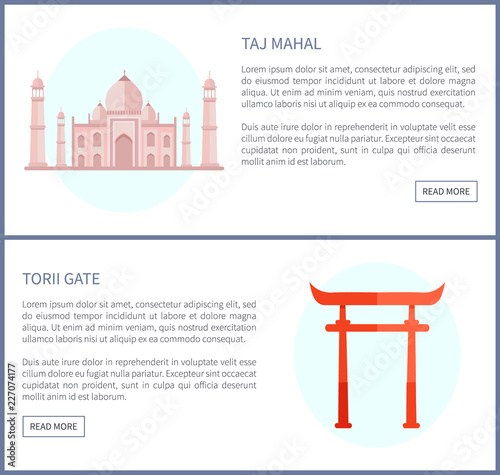 Taj Mahal and Torii Gate, Vector Illustration