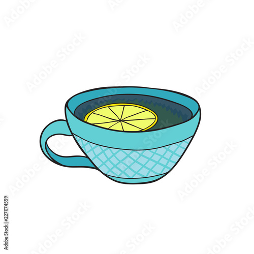 Tea cup with lemon. Hand drawn print. Sticker icon design.