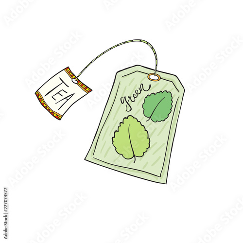 Tea bag icon. Hand drawn print. Sticker design.