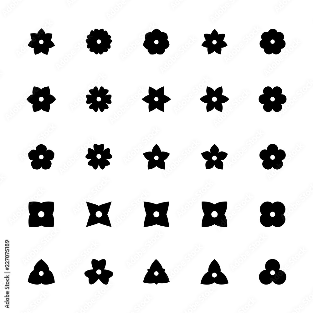 Fototapeta premium Black flower glyphs for design. Set of floral silhouette icons..
