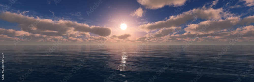 Obraz premium Beautiful sea sunset, panorama of ocean sunrise, clouds and the sun over the water, 