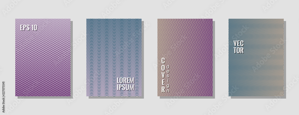 Simple purple green zig zag banner templates, wavy lines gradient stripes backgrounds for scientific cover. Curve shapes stripes, zig zag edge lines halftone texture gradient flyers set.