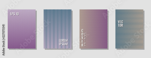 Simple purple green zig zag banner templates, wavy lines gradient stripes backgrounds for scientific cover. Curve shapes stripes, zig zag edge lines halftone texture gradient flyers set.