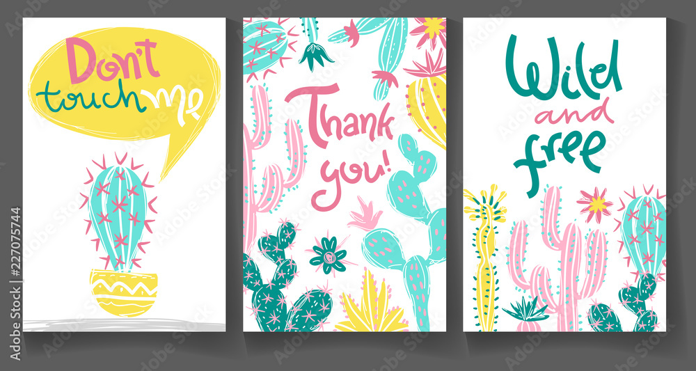 Collection of greeting cards with hand drawn cactus. Bright exot