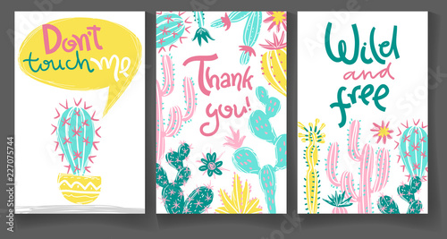 Collection of greeting cards with hand drawn cactus. Bright exot