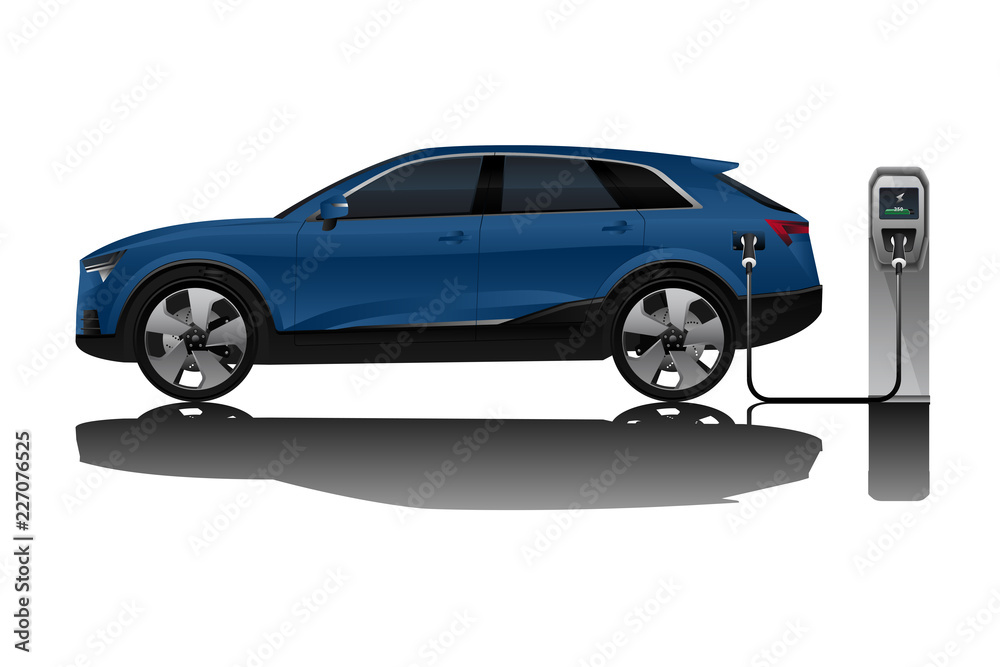 Blue electric SUV is charging from the charging station. Vector illustration EPS 10