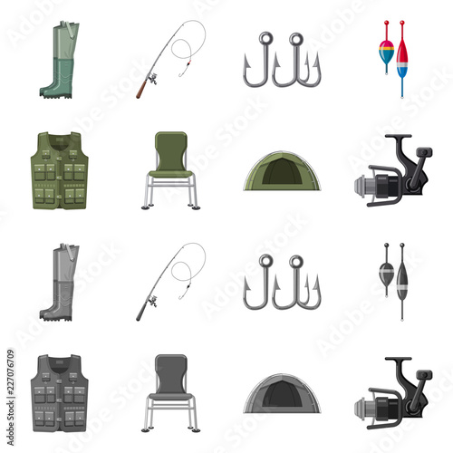 Vector design of fish and fishing sign. Collection of fish and equipment vector icon for stock.