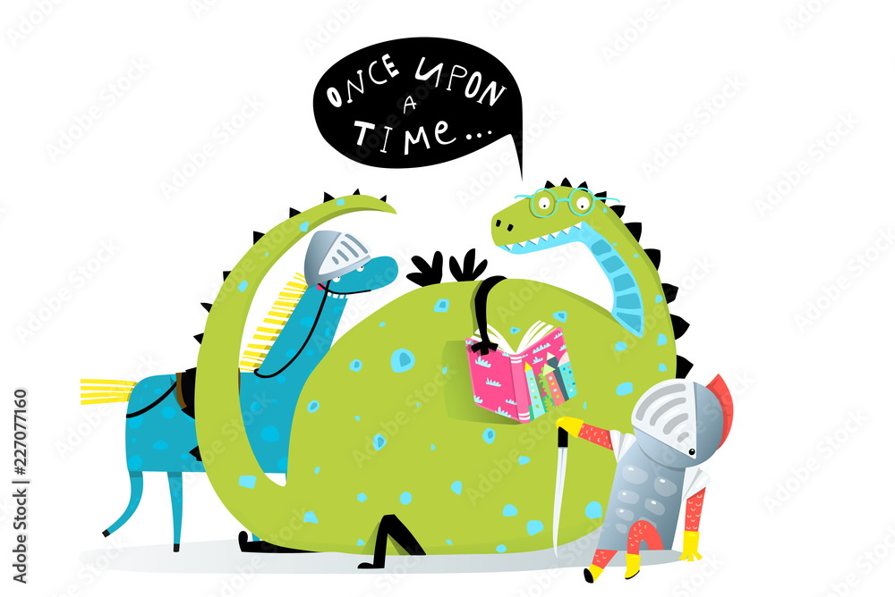 Fototapeta premium Fairy tale funny dragon and knight fairy tale story.