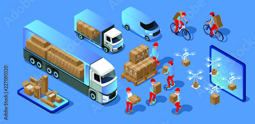 Free fast delivery,Innovation technology in transportation. Drone, giro board, bicycle delivery vector isometric illustration 3d