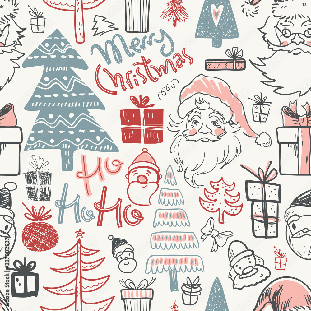 Naklejka premium Winter holiday seamless pattern with doodle hand drawn Santa, tr