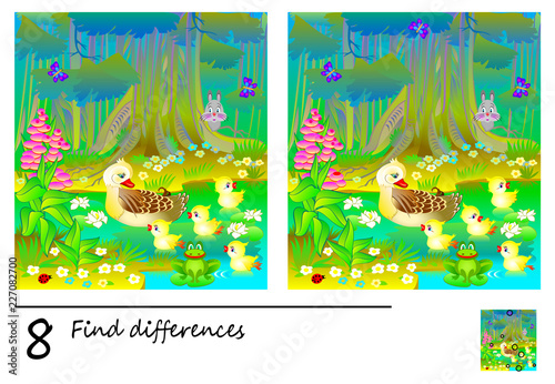 Logic puzzle game for children and adults. Need to find 8 differences. Developing skills for counting. Vector cartoon image.