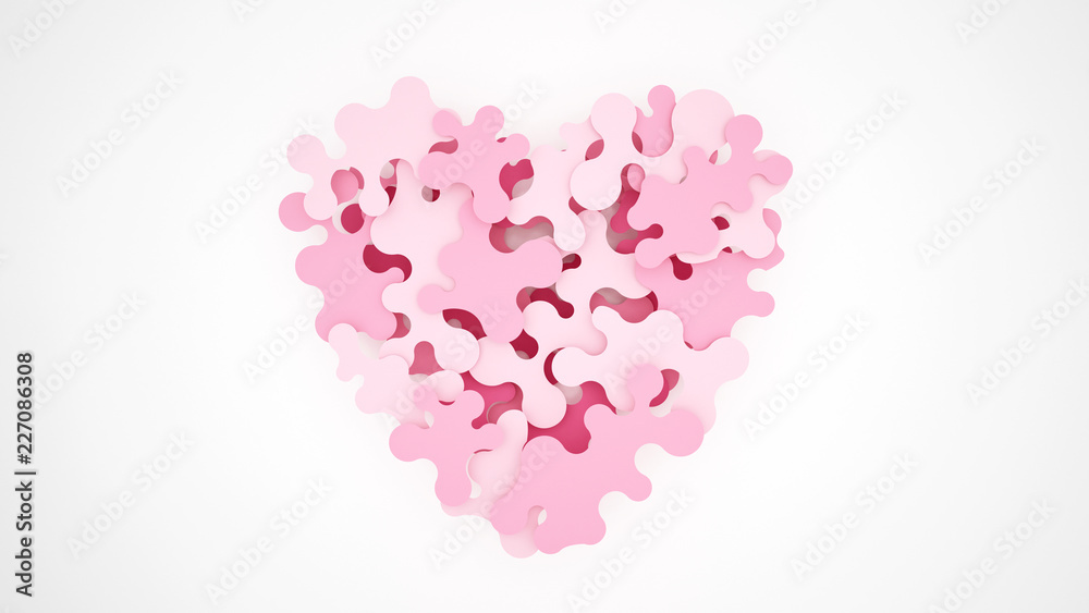 Pink jigsaw puzzles combine to form hearts. Pink waves combine to form hearts on white background. 3D Illustration