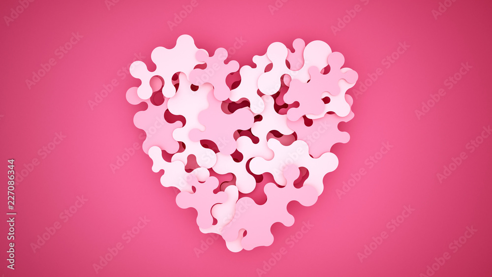Pink jigsaw puzzles combine to form hearts. Pink waves combine to form hearts on pink background. 3D Illustration