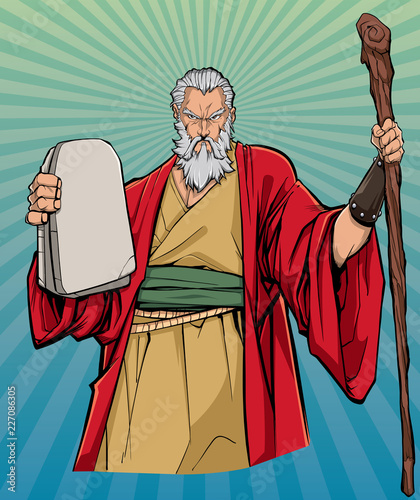 Portrait of Moses holding the stone tablets with the Ten Commandments and his wooden staff.
