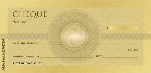 Check template, Chequebook template. Blank gold business bank cheque with guilloche pattern rosette and abstract watermark. Background for voucher, banknote design, gift certificate, ticket, coupon