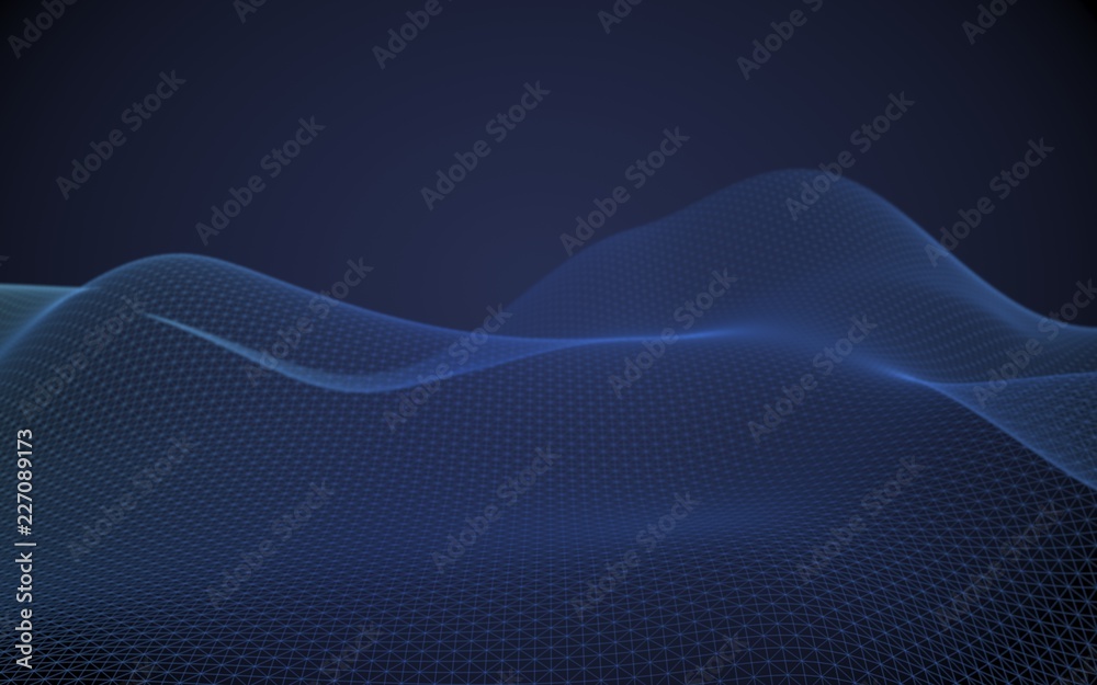 Abstract landscape on a blue background. Cyberspace grid. Hi-tech network. 3d technology illustration. 3D illustration