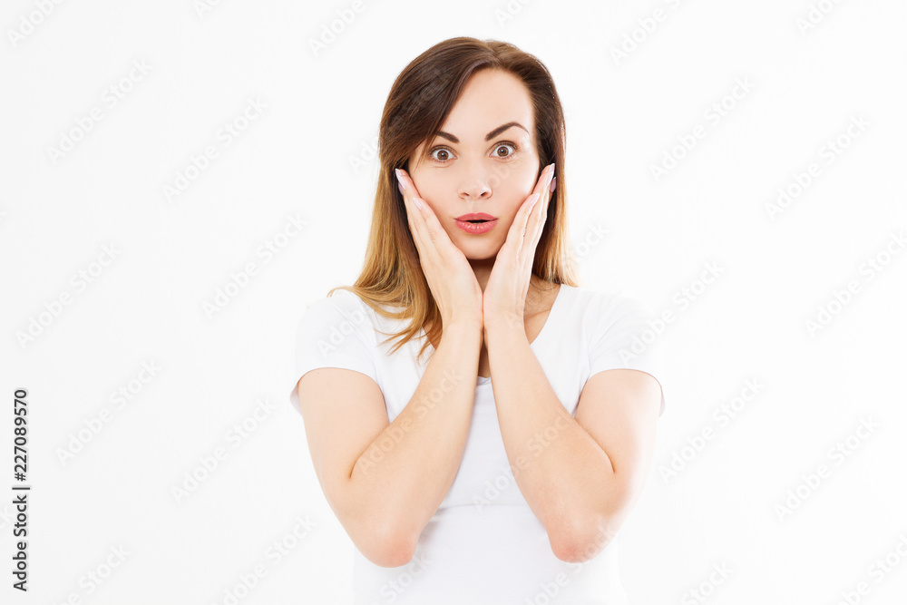 Excited girl because of big sales. Beautiful happy caucasian woman smiling isolated on white background. Copy space. Skin care concept Excited girl because of big sales. Beautiful happy caucasian woman smiling isolated on white background. Copy space. Skin care concept