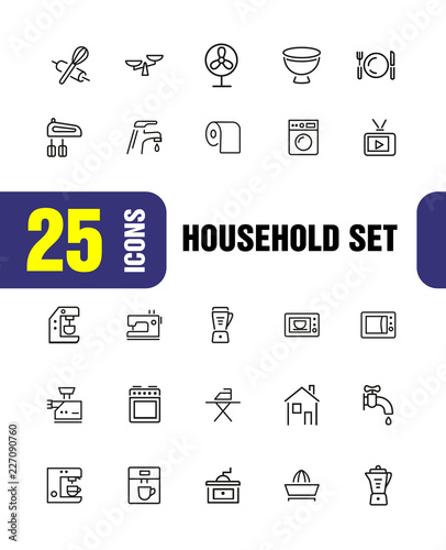 Household icons. Set of  line icons. Washing machine, TV set, sewing machine. Domestic appliances. Vector illustration can be used for topics like housework, housekeeping, technology