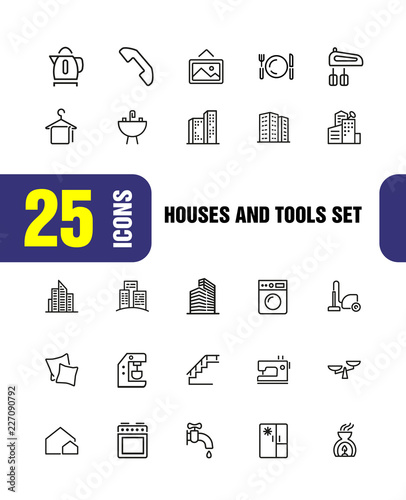 Houses and tools icons. Residential district, coffee machine, fridge. Home services concept. Vector illustration can be used for topics like domestic life, public service, housing development