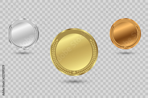 Set of gold, bronze and silver. Award medals isolated on transparent background. Vector illustration of winner concept.
