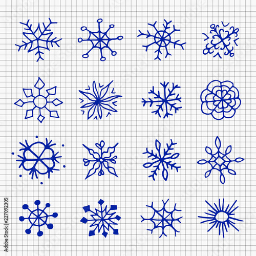Set of hand drawn sketch snowflakes.