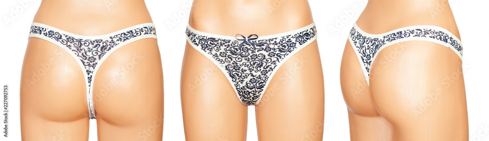 Female erotic panties on mannequin isolated on white background. Underwear closeup. Collage. Female erotic panties on mannequin isolated on white background. Underwear closeup. Collage.
