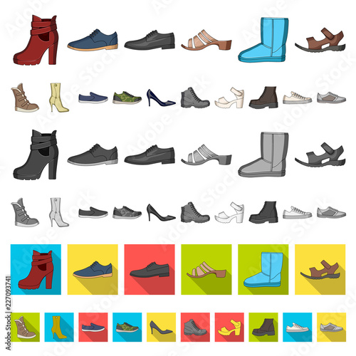 Different shoes cartoon icons in set collection for design. Men s and women s shoes vector symbol stock web illustration.