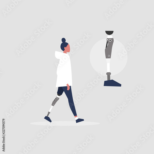 Young female character with prosthetic lower limb. Modern disabled people. Lifestyle. New technologies. Flat editable vector illustration, clip art