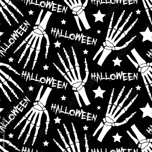 Halloween monochrome seamless pattern with bones and stars.Holiday vector black and white background.Textile texture