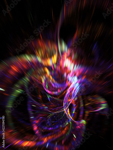 Abstract holiday background with blurred rays and sparkles. Fantastic blue and red light effect. Digital fractal art. 3d rendering. © Klavdiya Krinichnaya