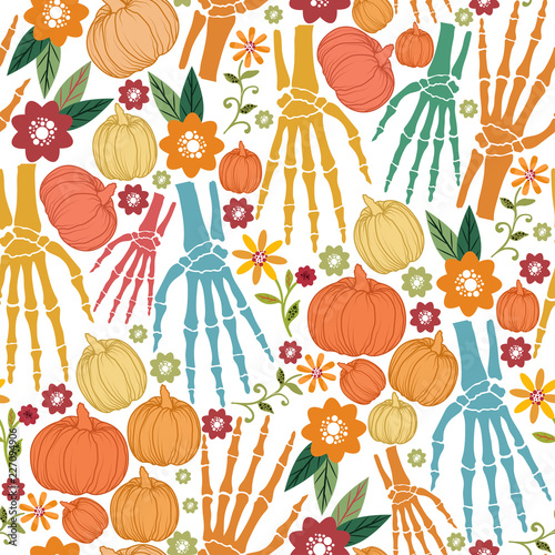 Halloween seamless floral pattern with pumpkins,bones and flowers.Holiday vector background.Autumn textile texture