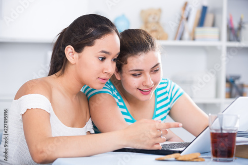 Smiling teenage girls using laptop
