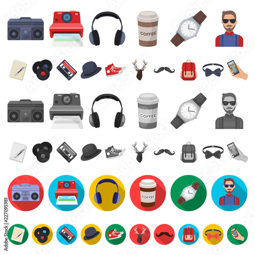 Style Hipster cartoon icons in set collection for design. Hipster Attributes and accessories vector symbol stock web illustration.