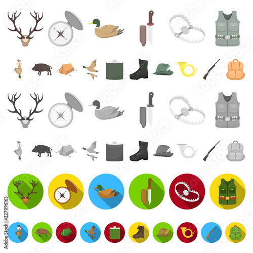 Hunting and trophy cartoon icons in set collection for design. Hunting and equipment vector symbol stock web illustration.