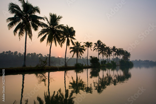 Paddling through Kerala, Kuzhupilly, backwaters at sunset, small tropical islands palmtrees perfectly reflected in water © Ami