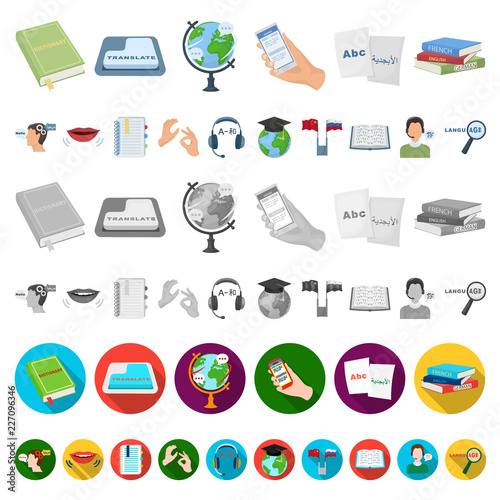 Translator and linguist cartoon icons in set collection for design. Interpreter vector symbol stock web illustration.