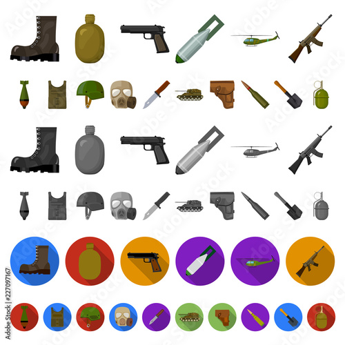 Army and armament cartoon icons in set collection for design. Weapons and equipment vector symbol stock web illustration.