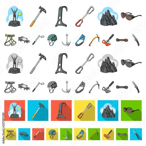 Mountaineering and climbing cartoon icons in set collection for design. Equipment and accessories vector symbol stock web illustration.