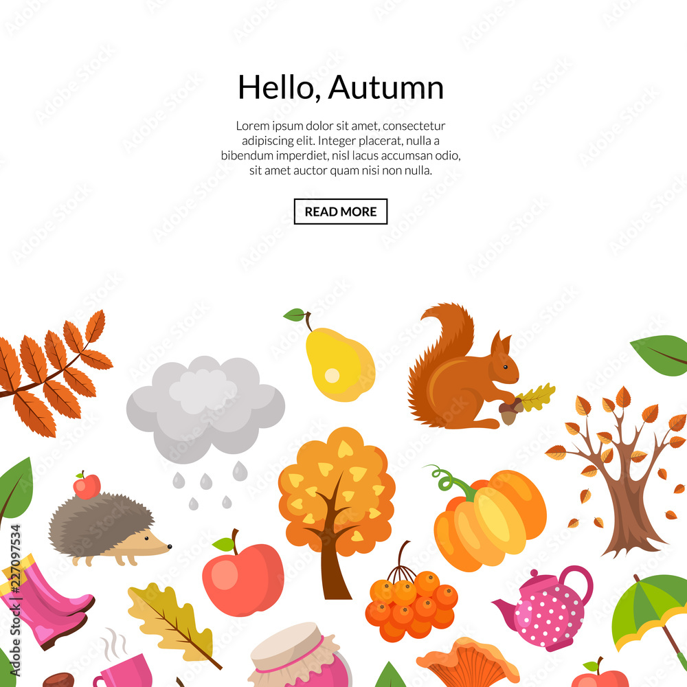 Vector cartoon autumn elements and leaves background with place for text illustration. Web banner and poster