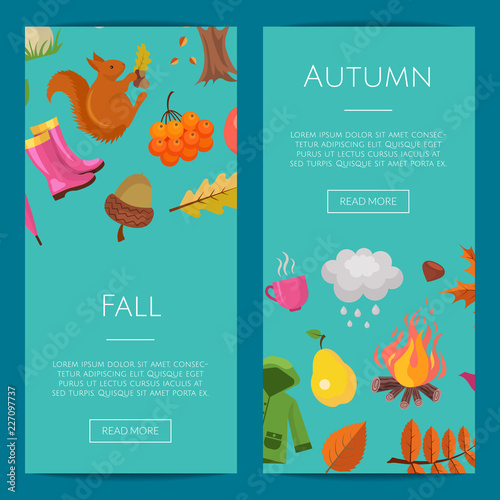 Vector cartoon autumn elements and leaves web banner templates illustration and set of poster