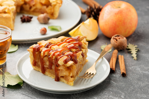 Slice of apple pie with caramel sauce on a  plate. Grey background. Close up.