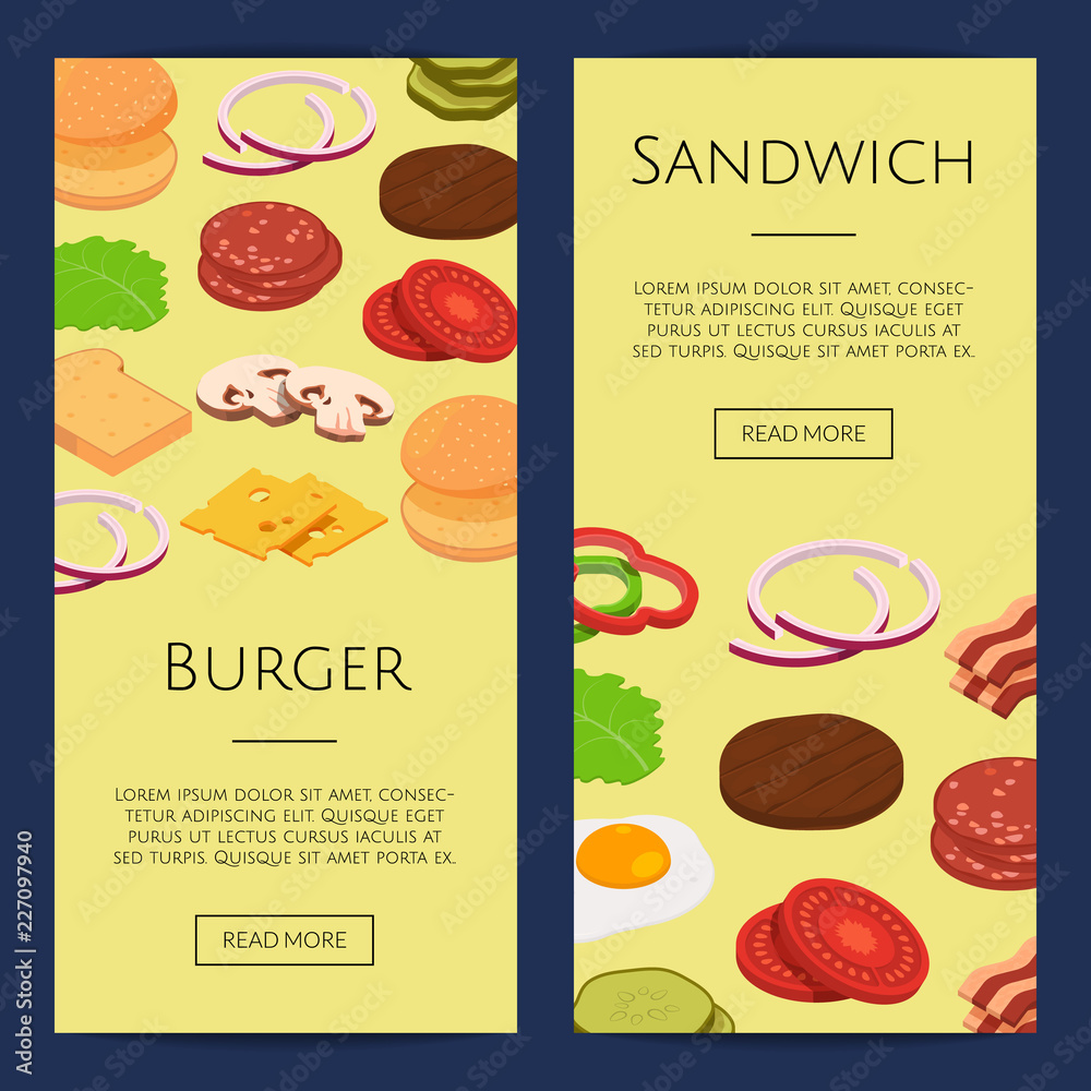 Vector isometric burger ingredients web banner templates illustration. Web poster with food