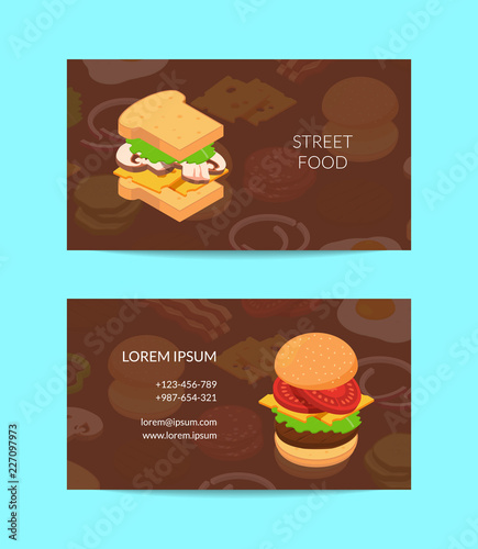 Vector isometric burger ingredients business card template for cafe or street food truck illustration