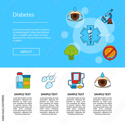 Vector colored diabetes icons landing page template illustration. Banner and poster for internet site