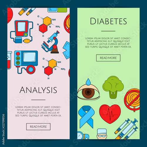 Vector colored diabetes icons web banner templates illustration. Poster analysis color