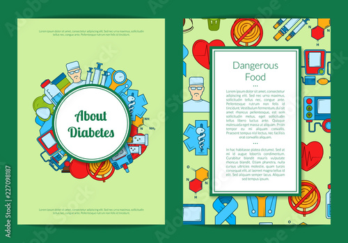 Vector colored diabetes icons card or flyer template of set illustration