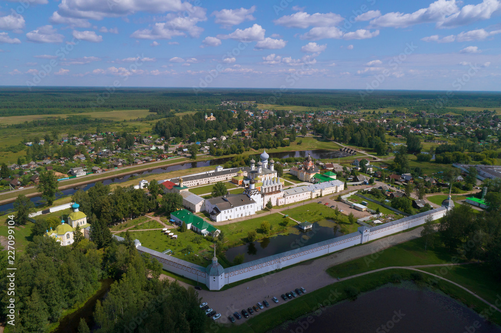 The Tikhvinsky Bogorodichyi Uspensky monastery in a city landscape (shooting from the quadcopter). Tikhvin, Russia