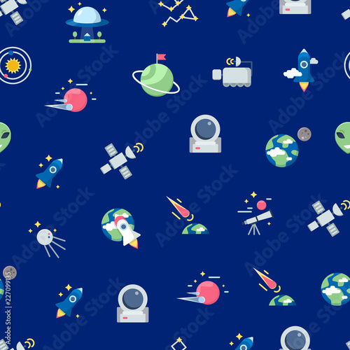 Vector flat space icons pattern or background illustration. Colored cosmos elements