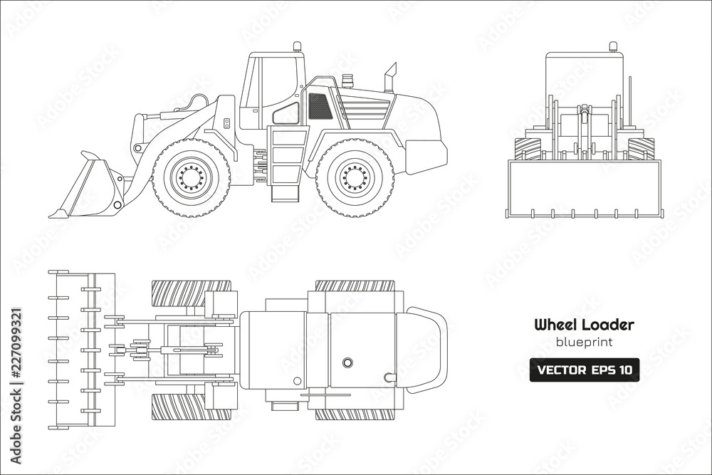 Outline blueprint of tractor. Side, front and top view of agriculture machinery.