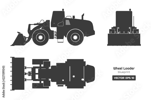 Black silhouette of wheel loader on white background. Top, side and front view. Diesel digger blueprint. Hydraulic machinery image. Industrial document of bulldozer